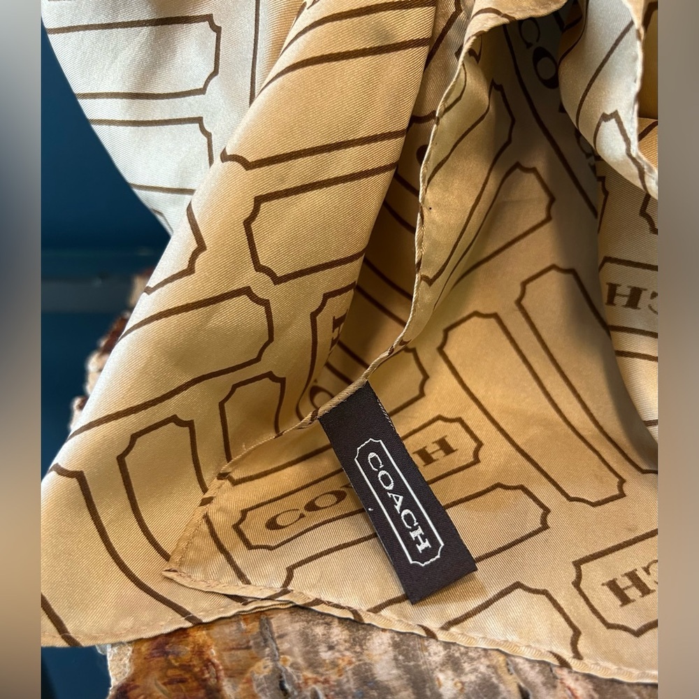 Coach Chelsea 100% Silk Scarf Logo Cartouche Lozenge Tan and Brown - Picture 4 of 9